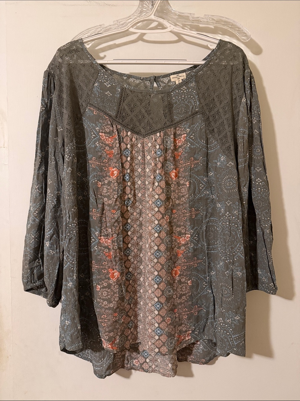 Paisley Panel Peasant Blouse in Slate Blue with Rose Accents